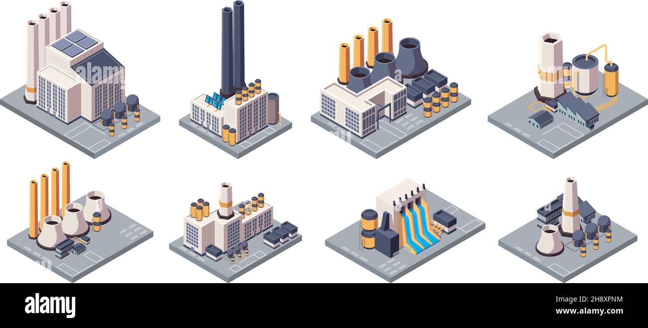 Industrial plants. Isometric factory buildings with tubes energy production business warehouses garish vector plants Stock Vector