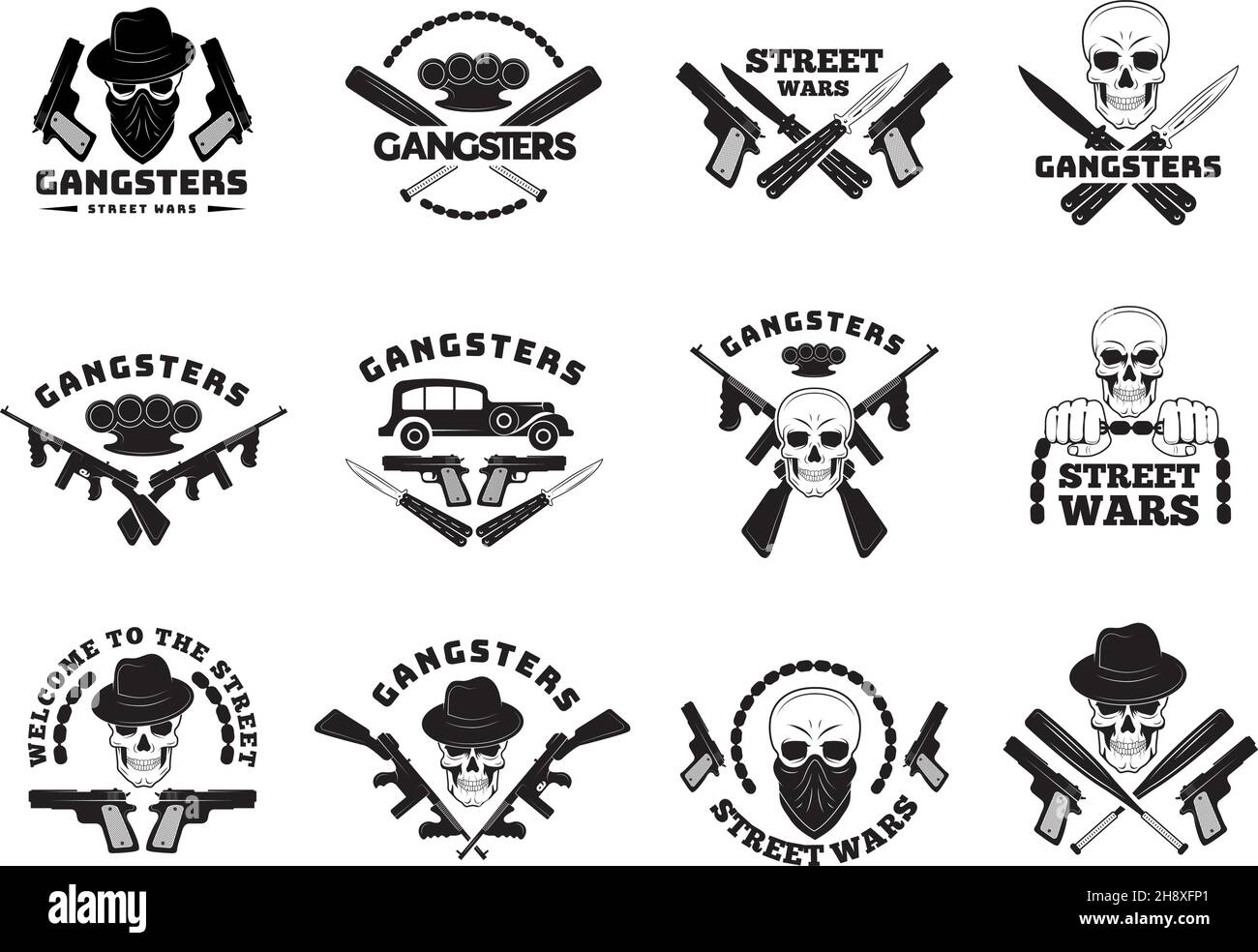 Bandits labels. Mafia stylized monochrome badges hooligans recent vector symbols collection set Stock Vector
