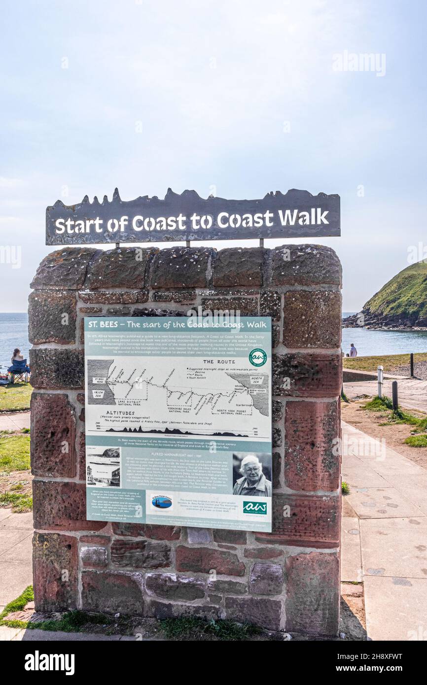 The start of Alfred Wainwright's Coast to Coast Walk at St Bees, Cumbria UK Stock Photo