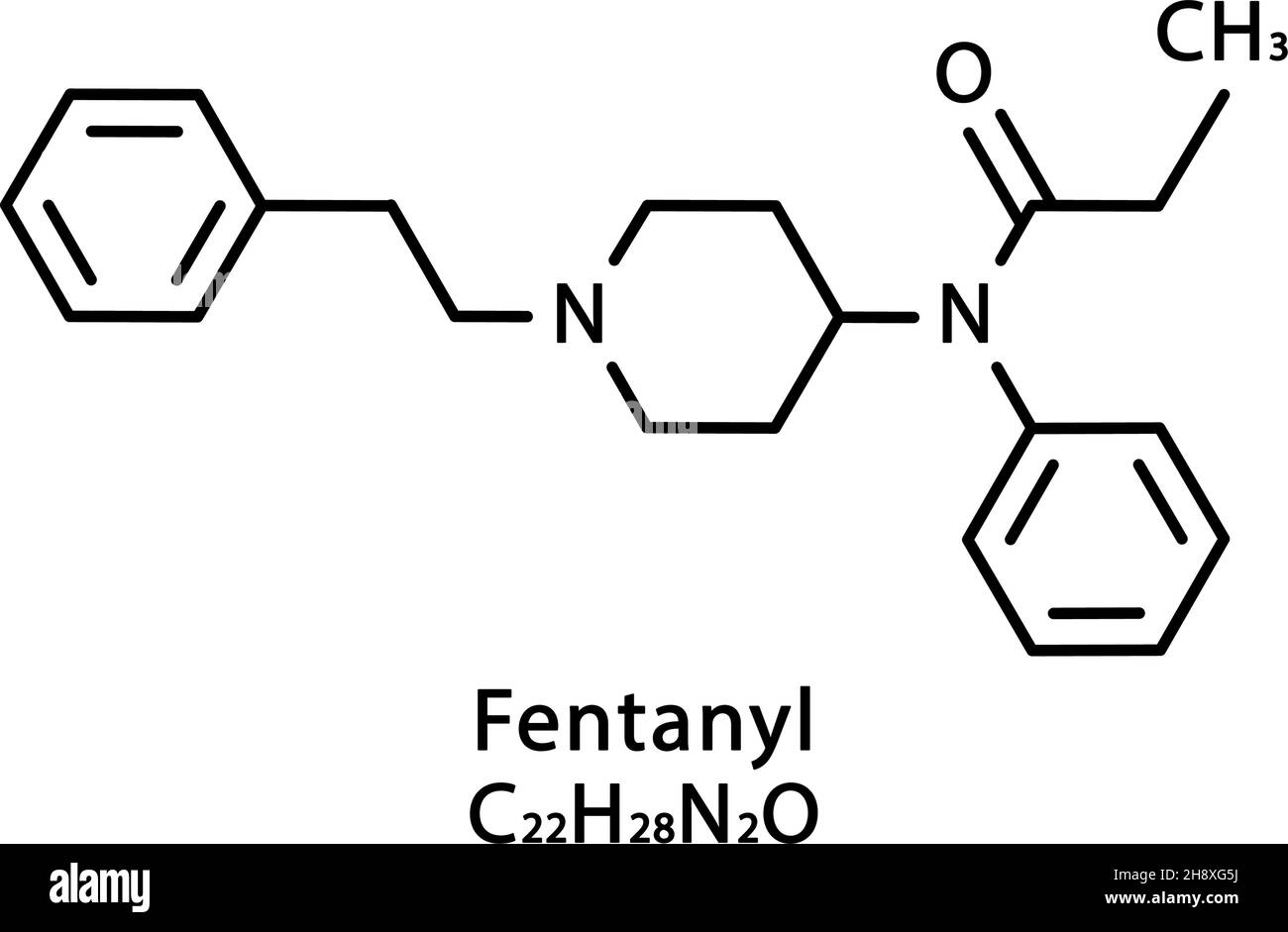 Fentanyl (fentanil) opioid analgesic drug, chemical structure. Conventional  skeletal formula and stylized representation, showing atoms (except  hydrogen) as color coded circles.