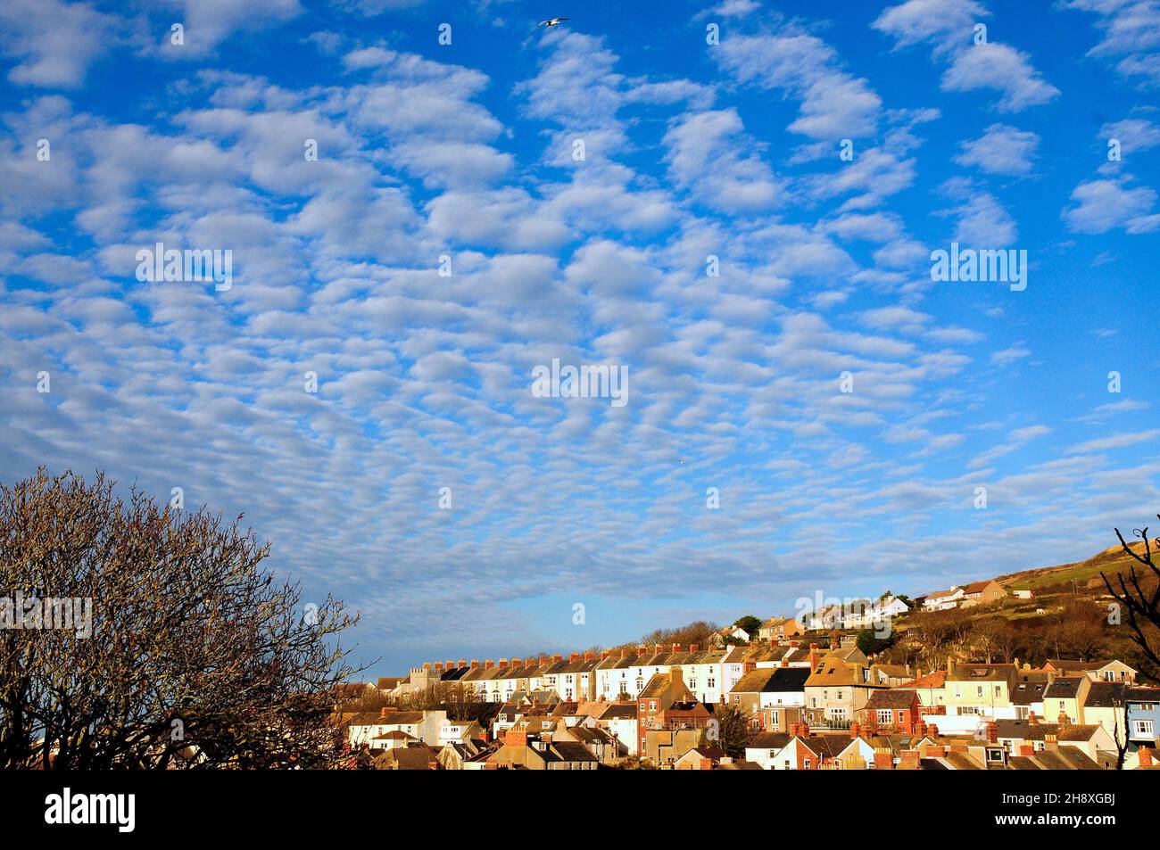 Portland. 2nd December 2021. UK Weather. A striking 'mackerel sky' over the Isle of Portland
