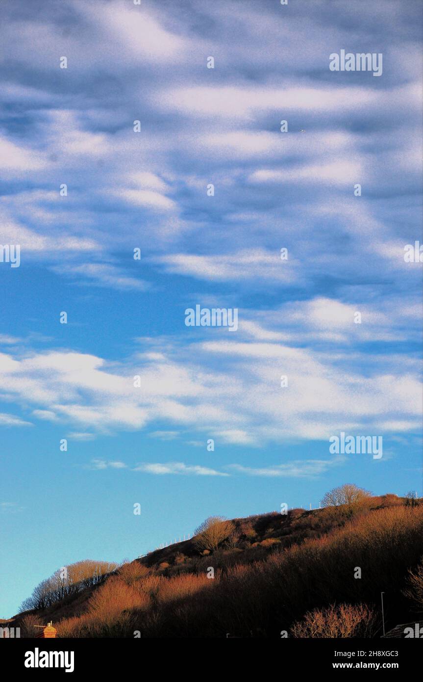Portland. 2nd December 2021. UK Weather. A striking 'mackerel sky' over the Isle of Portland