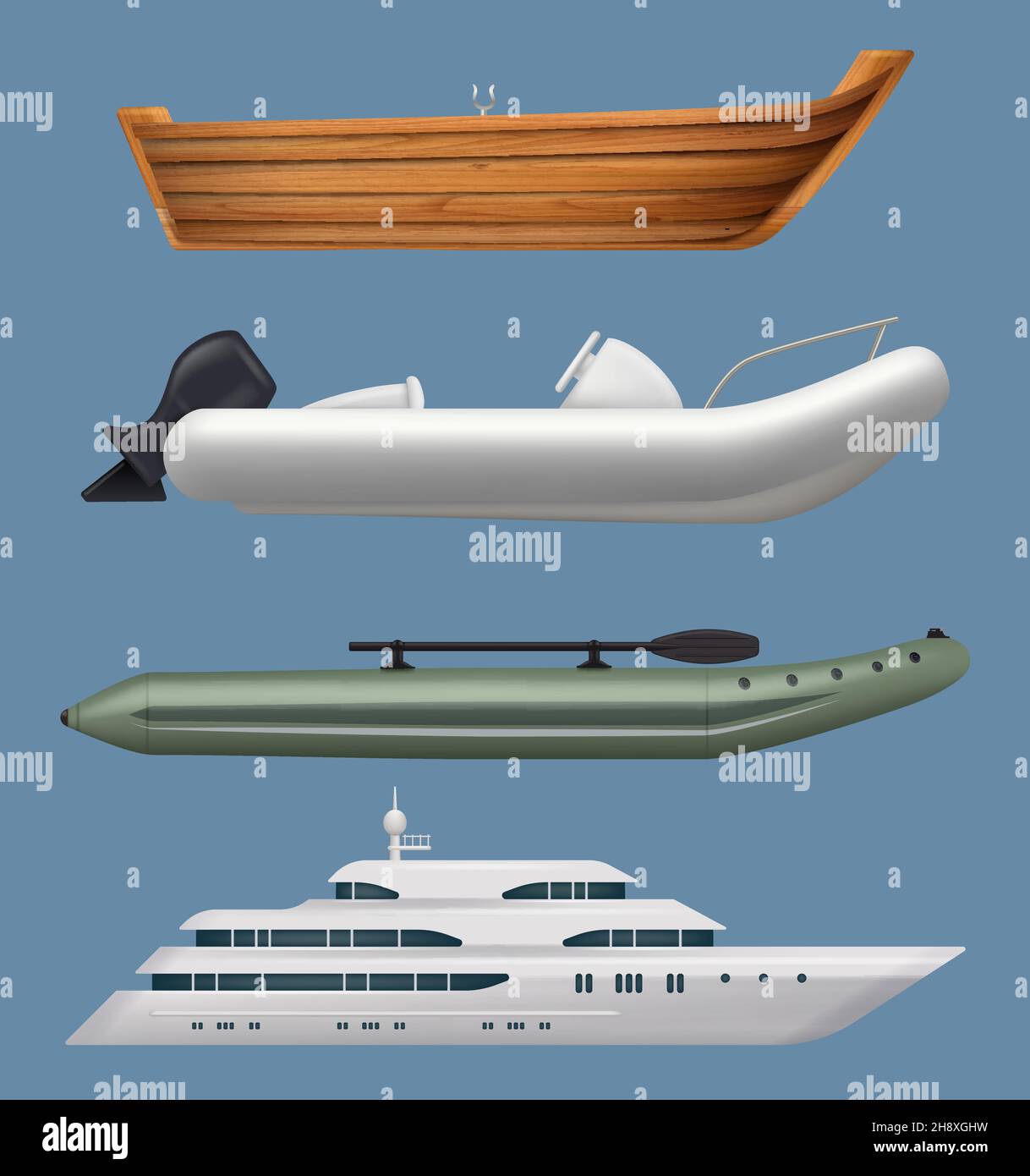 Realistic boats. Ship and yacht in sea or ocean sailing water transportation decent vector travelling concept pictures set Stock Vector