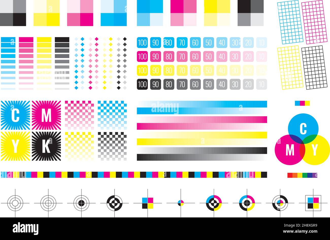 Cmyk marks. Colorful bars for color divices calibration printing house paper templates cyan yellow black garish vector illustrations collection Stock Vector