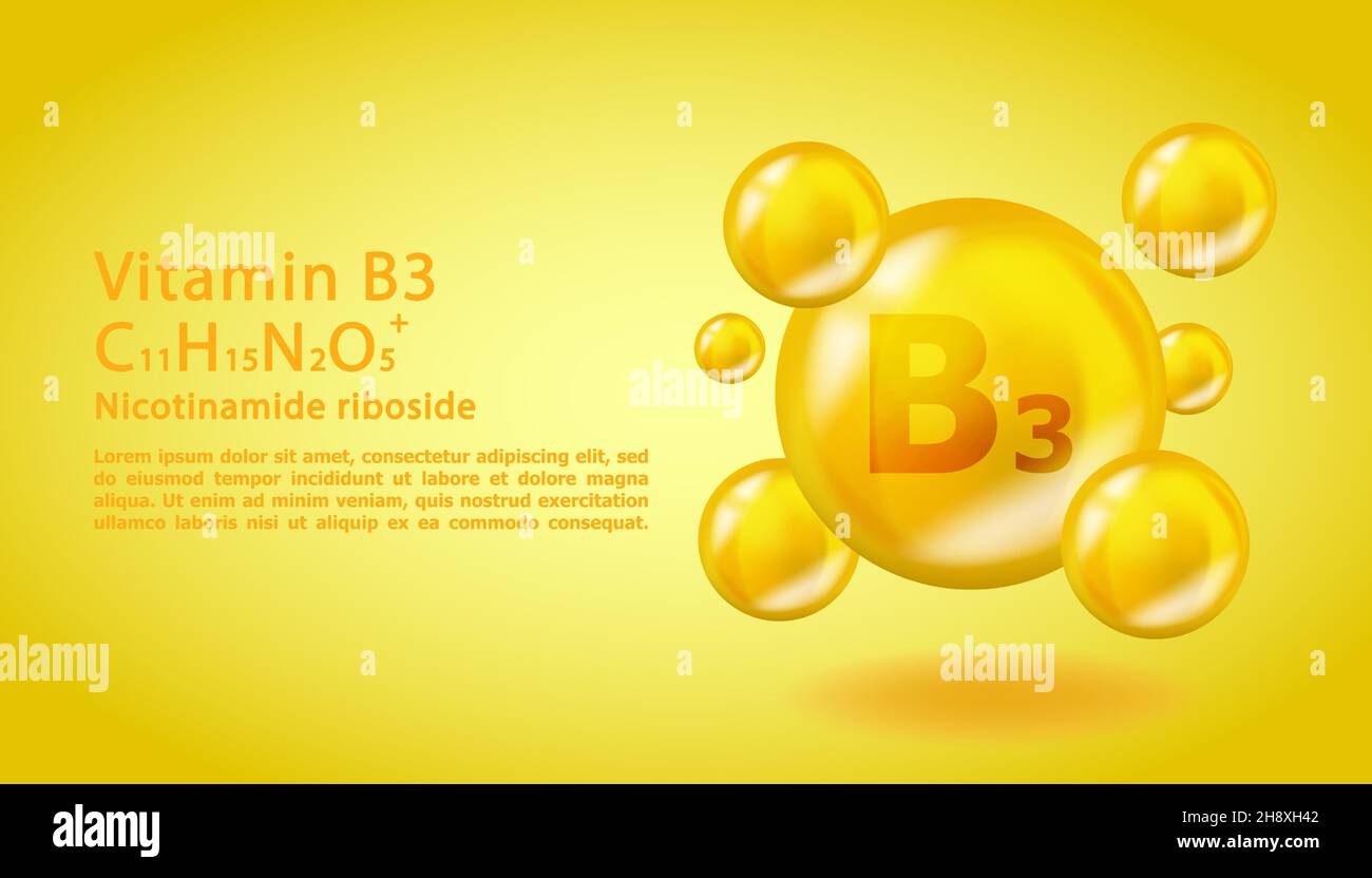 3D Vitamin molecule B3 Niacin design. Realistic B3 Niacin Vitamin drop. Yellow nutrition complex illustration. Stock Vector