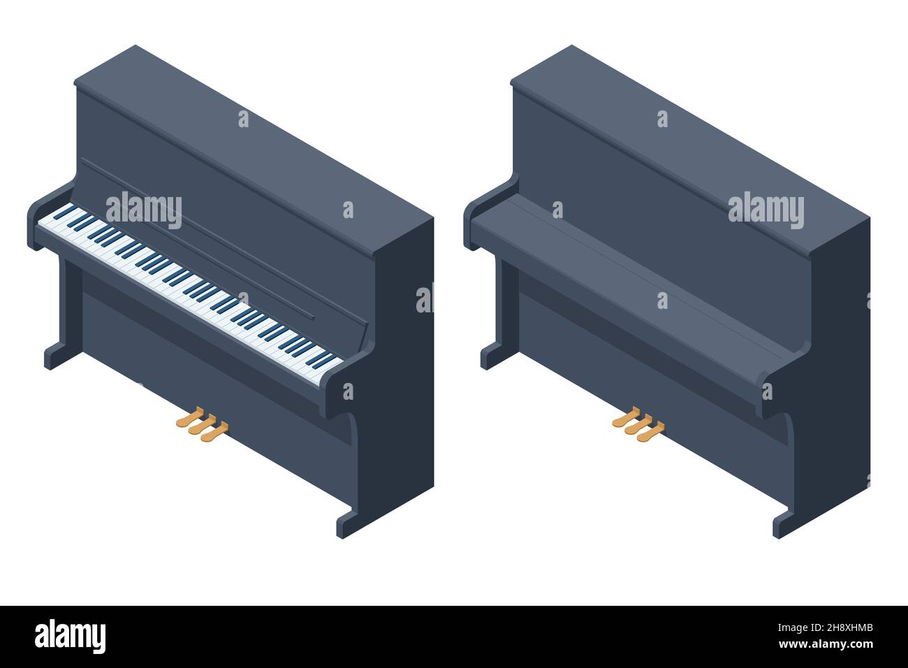 Isometric upright piano isolated on white background. The piano is an acoustic, keyboard and stringed musical instrument Stock Vector