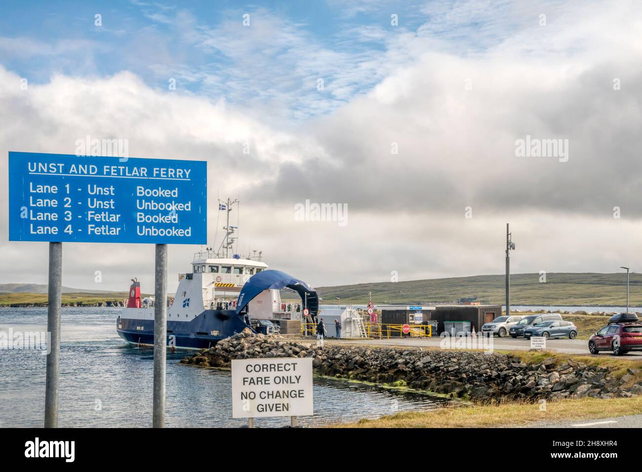Gutcher ferry terminal on Yell with the ferry Bigga about to disembark before leaving for Unst and Fetlar, Shetland Islands. Stock Photo