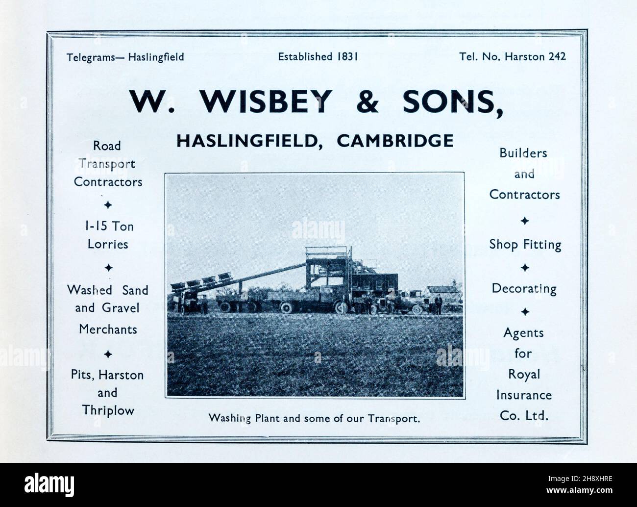 1930s advert for W Wisbey & Sons of Haskingfield. Stock Photo