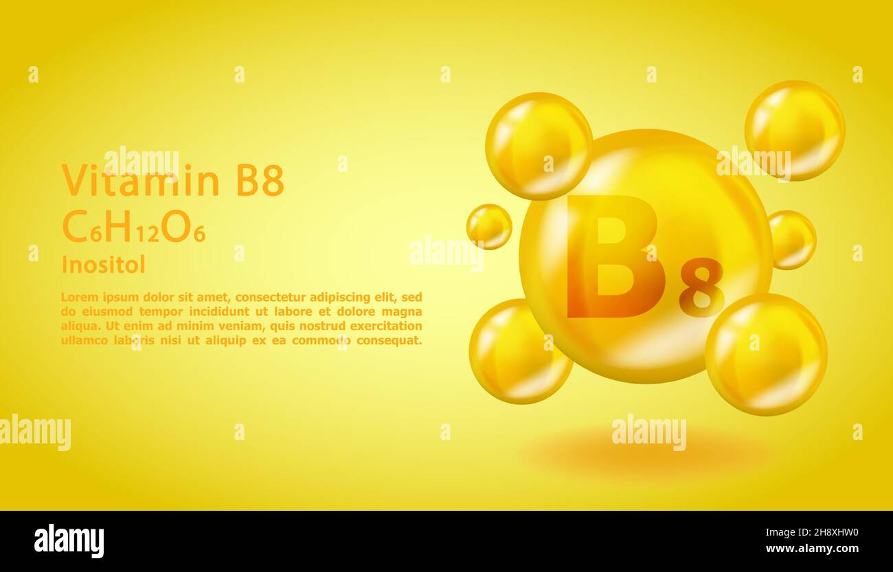 3D Vitamin molecule B8 Inositol design. Realistic B8 Inositol Vitamin drop. Yellow nutrition complex illustration. Stock Vector