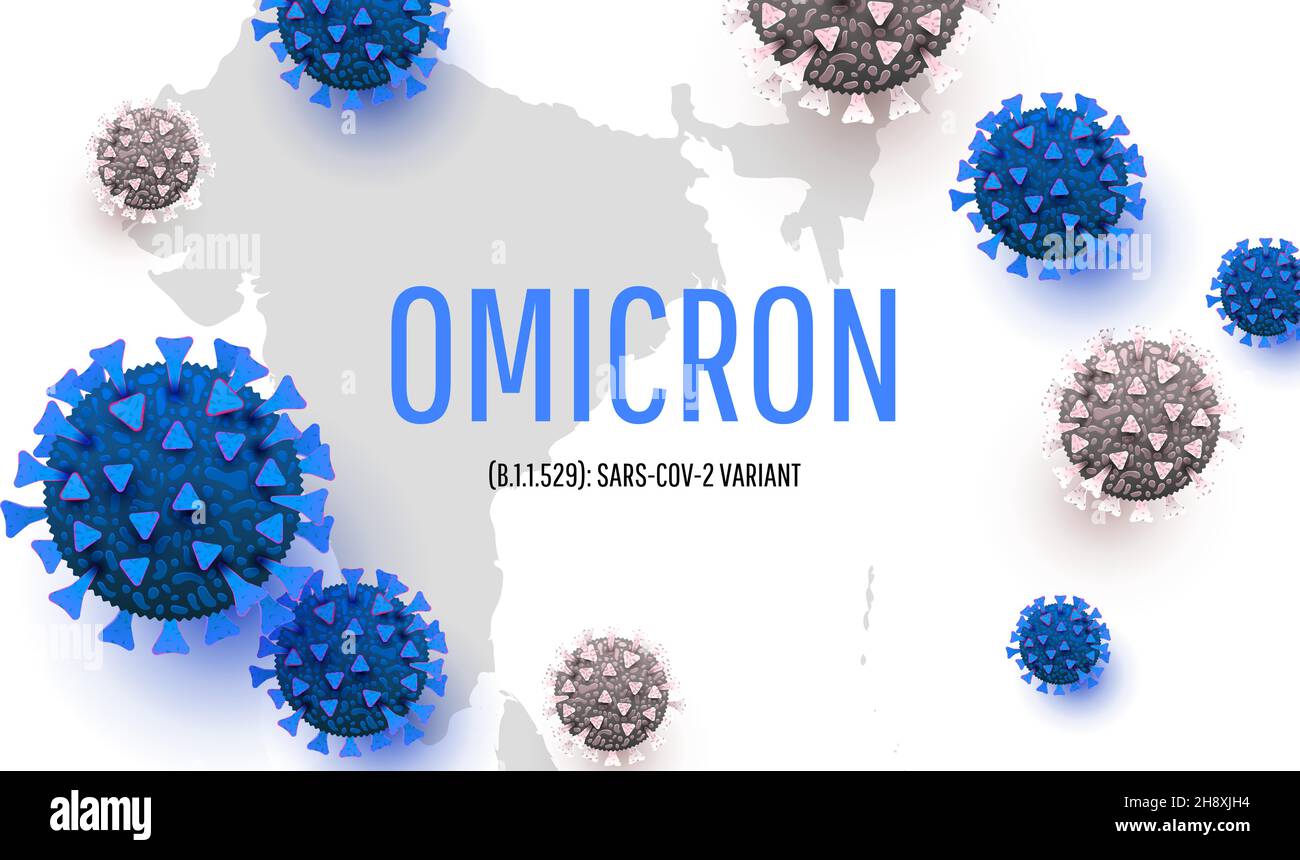 Omicron virus, new COVID-19 variant poster, panoramic banner with coronavirus germs Stock Vector