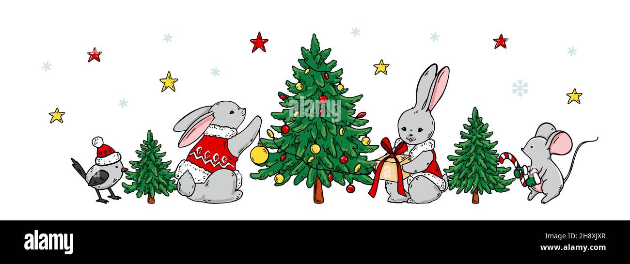 Horizontal Merry Christmas and Happy New Year greeting card with a cute