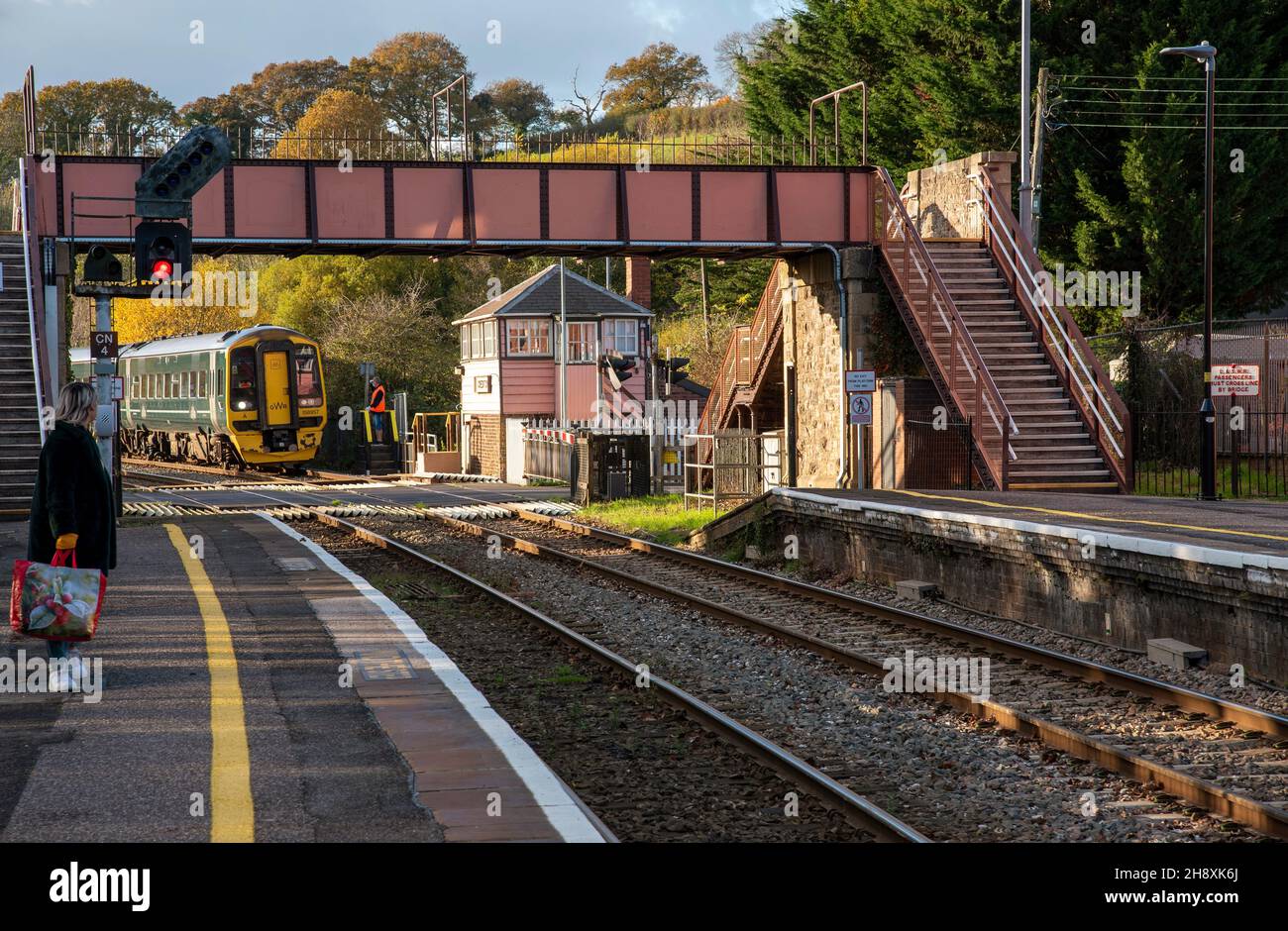 Crediton, Devon, England, UK. 2021.  Passenger train from Barnstable approaching Crediton station on the Great Western region line. Stock Photo