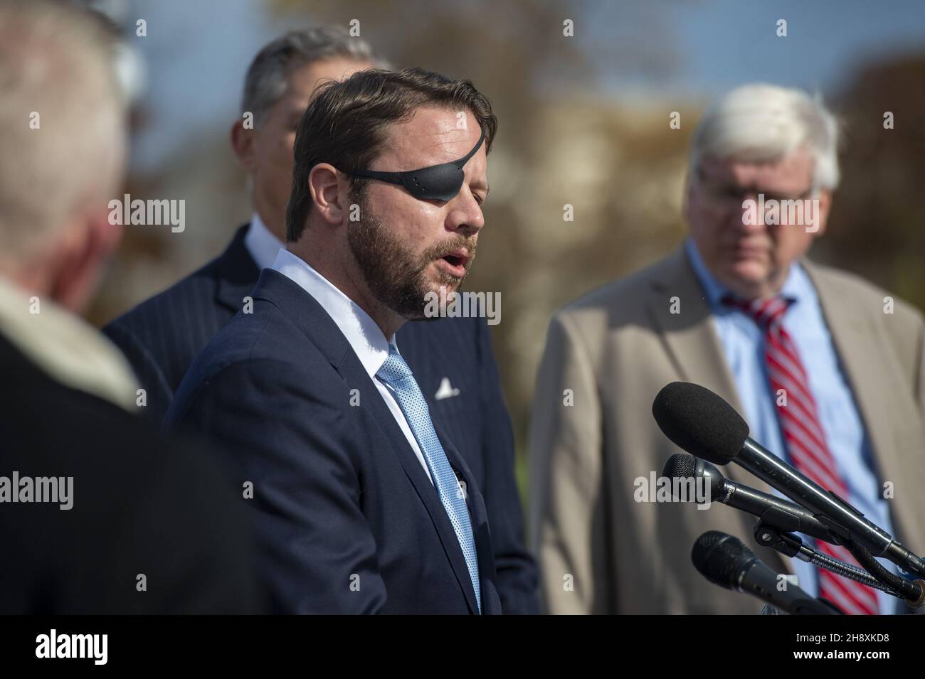 Washington, United States. 02nd Dec, 2021. Rep. Dan Crenshaw, R-TX, and other representatives hold a news conference to introduce the Crucial Communism Teaching Act at the US Capitol in Washington, DC on Thursday, December 2, 2021. Photo by Bonnie Cash/UPI Credit: UPI/Alamy Live News Stock Photo