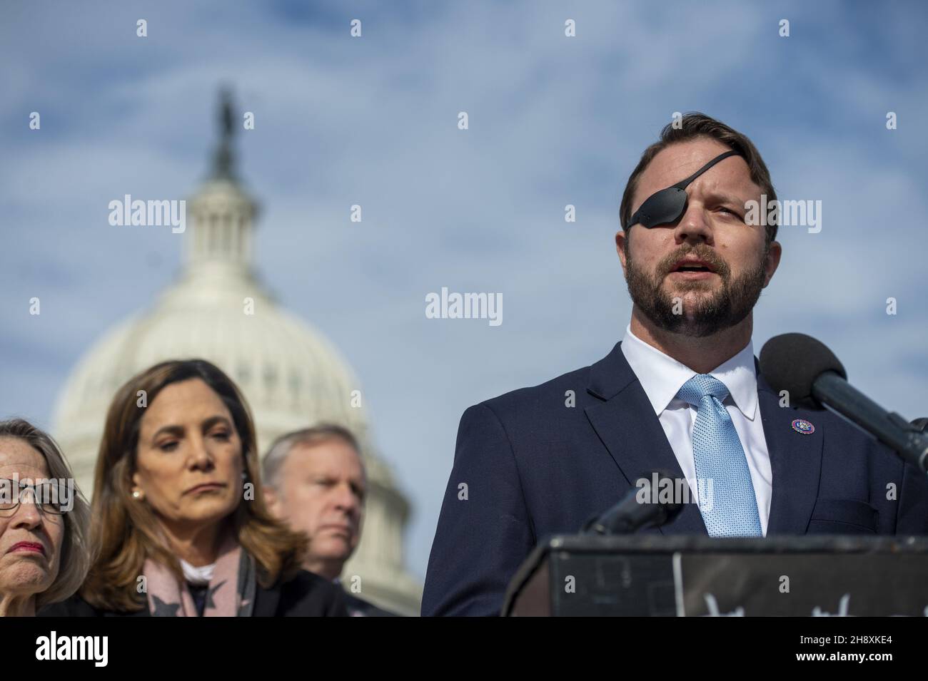 Washington, United States. 02nd Dec, 2021. Rep. Dan Crenshaw, R-TX, and other representatives hold a news conference to introduce the Crucial Communism Teaching Act at the US Capitol in Washington, DC on Thursday, December 2, 2021. Photo by Bonnie Cash/UPI Credit: UPI/Alamy Live News Stock Photo