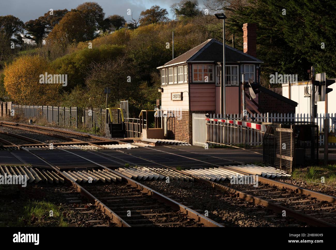 Crediton, Devon, England. 2021. Overview of the level crossing barrier