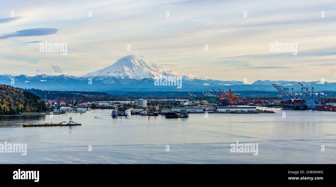 The Port of Tacoma and Mount Rainier in Washington State Stock Photo ...
