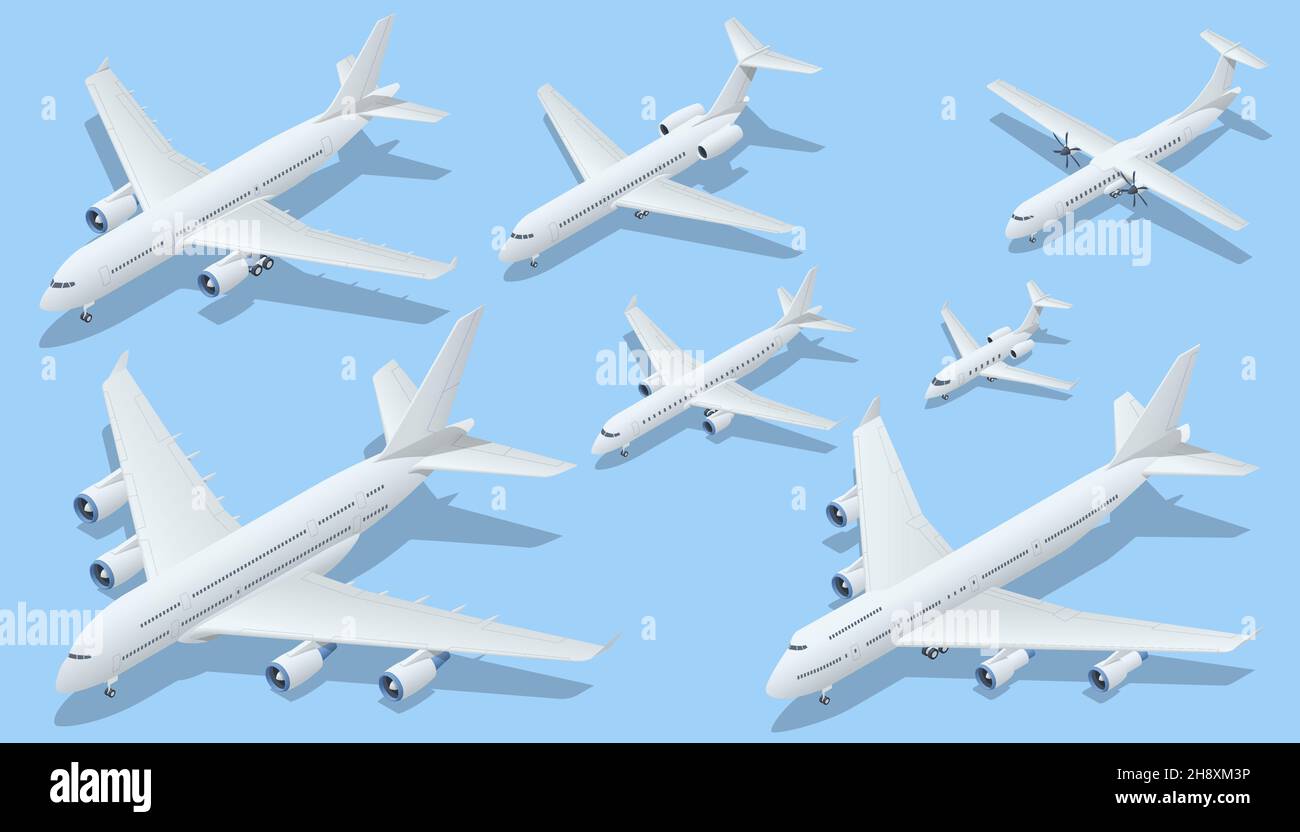 Isometric Airplane passenger plane. Business aircraft, Corporate jet. An airliner, aircraft for transporting passengers and air cargo. Stock Vector