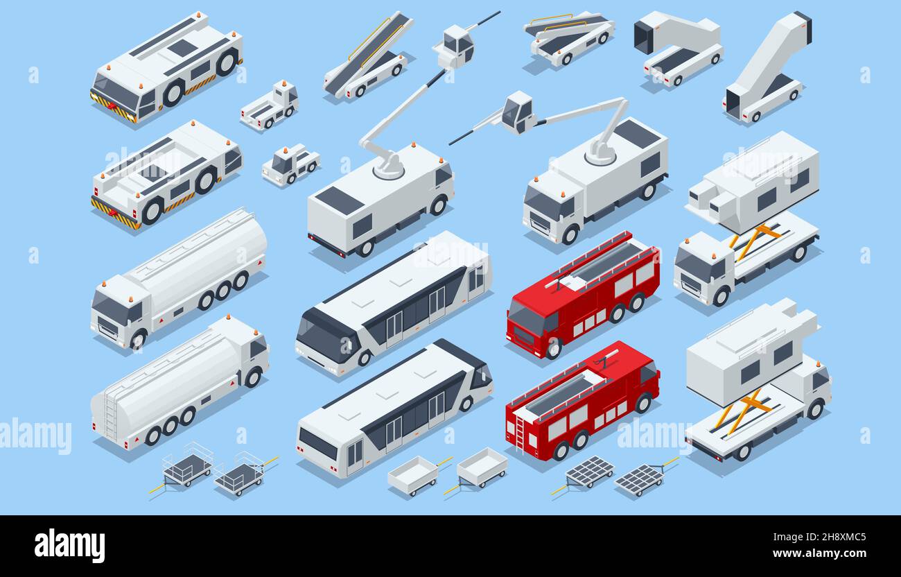 Isometric Service Vehicles, Self-Propelled Ladder,, Aerodrome Tow Tractor, Gasoline, Fire Engine Stock Vector