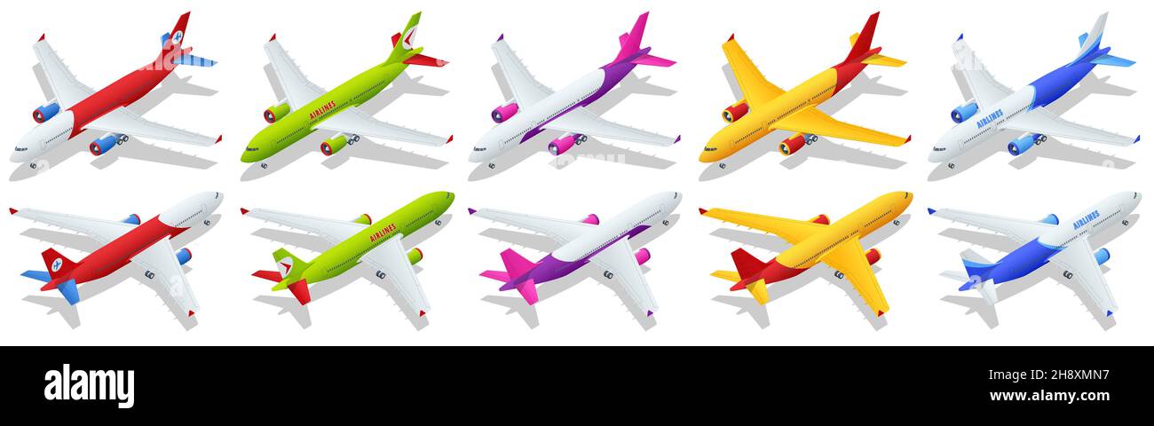 Isometric Airplane passenger plane. Business aircraft, Corporate jet. An airliner, aircraft for transporting passengers and air cargo. Stock Vector