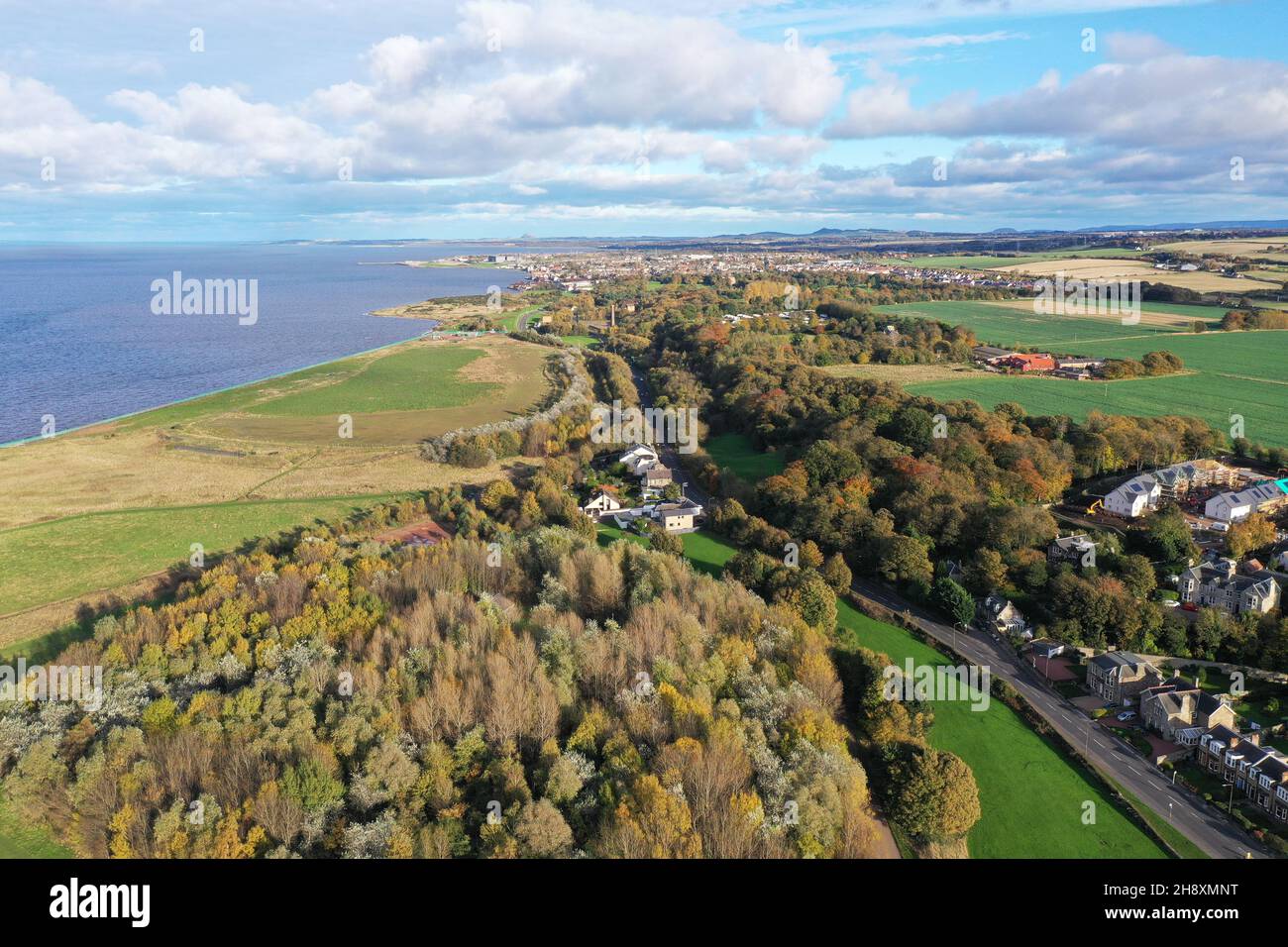Aerial drone view of Musselburgh looking east towards Prestonpans, Prestongrange Stock Photo