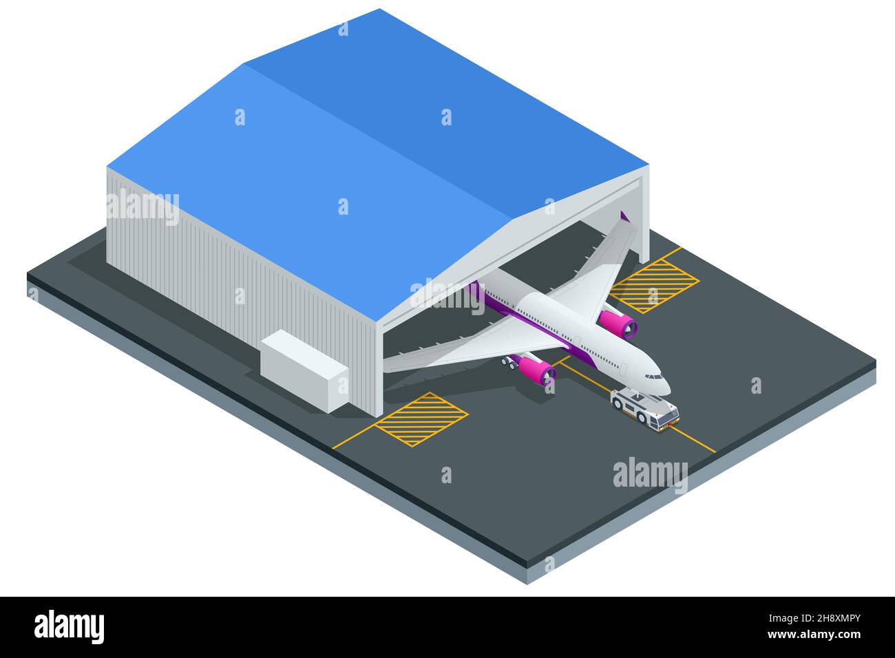 Isometric passenger aircraft on maintenance of engine and fuselage repair in airport hangar. Repair and maintenance of mechanical parts Stock Vector