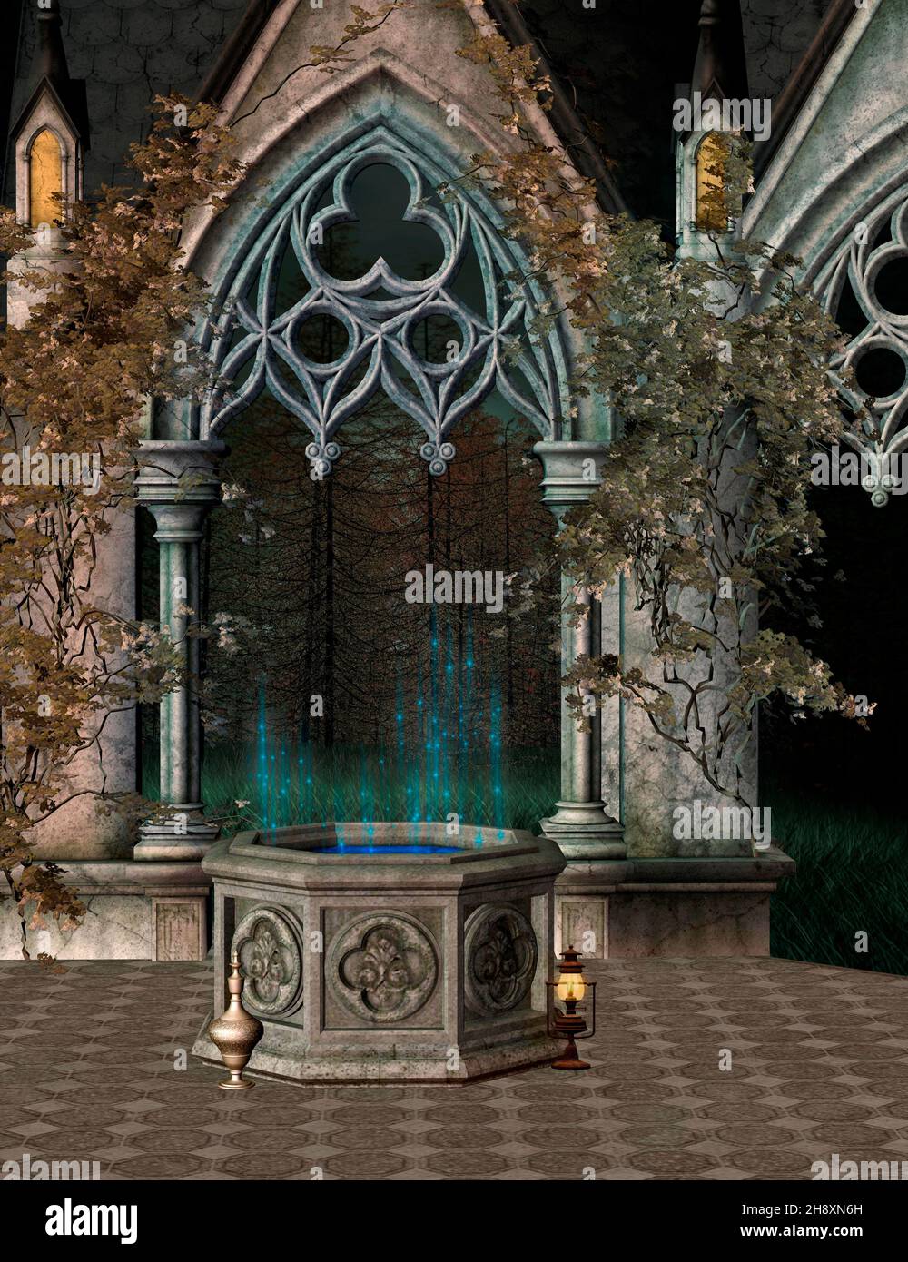 The wishing well with a gothic doorway Stock Photo