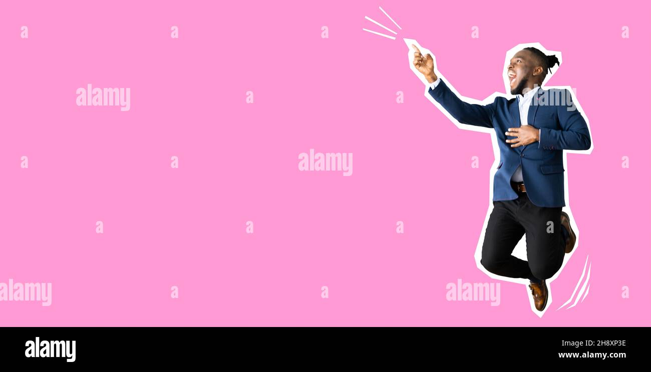 Happy Jumper Man Student. Trendy Male Collage Ad Stock Photo