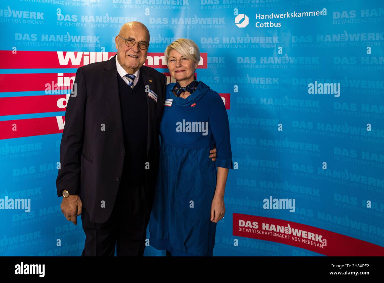 Cottbus, Germany. 02nd Dec, 2021. Corina Reifenstein, entrepreneur and civil engineer, stands with Peter Dreißig, former president of the Cottbus Chamber of Skilled Crafts. Reifenstein was elected as the new chairwoman at this year's general meeting. This was the first time that the members elected a woman to head the South Brandenburg skilled crafts sector. Credit: Frank Hammerschmidt/dpa/Alamy Live News Stock Photo