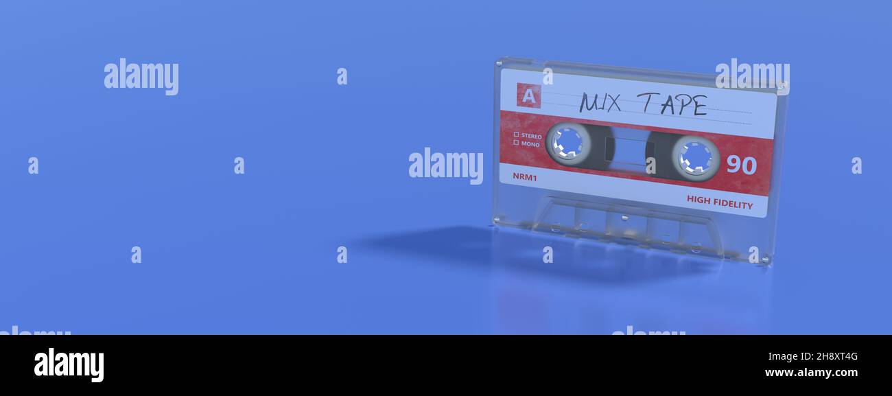 Cassette Mix tape text label on blue color background, banner, space. Old music player, Retro audio 70s 80s party mix. 3d illustration Stock Photo