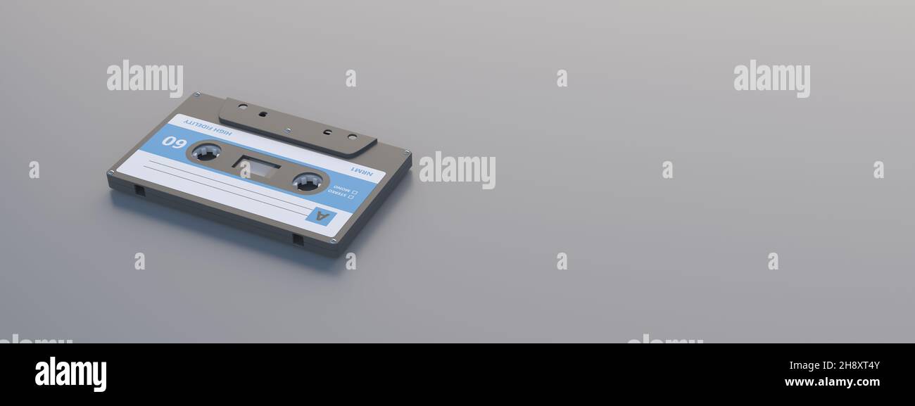 Retro Old music player, 70s 80s party mix. Audio cassette tape with blank label on grey color background, banner, space. 3d illustration Stock Photo