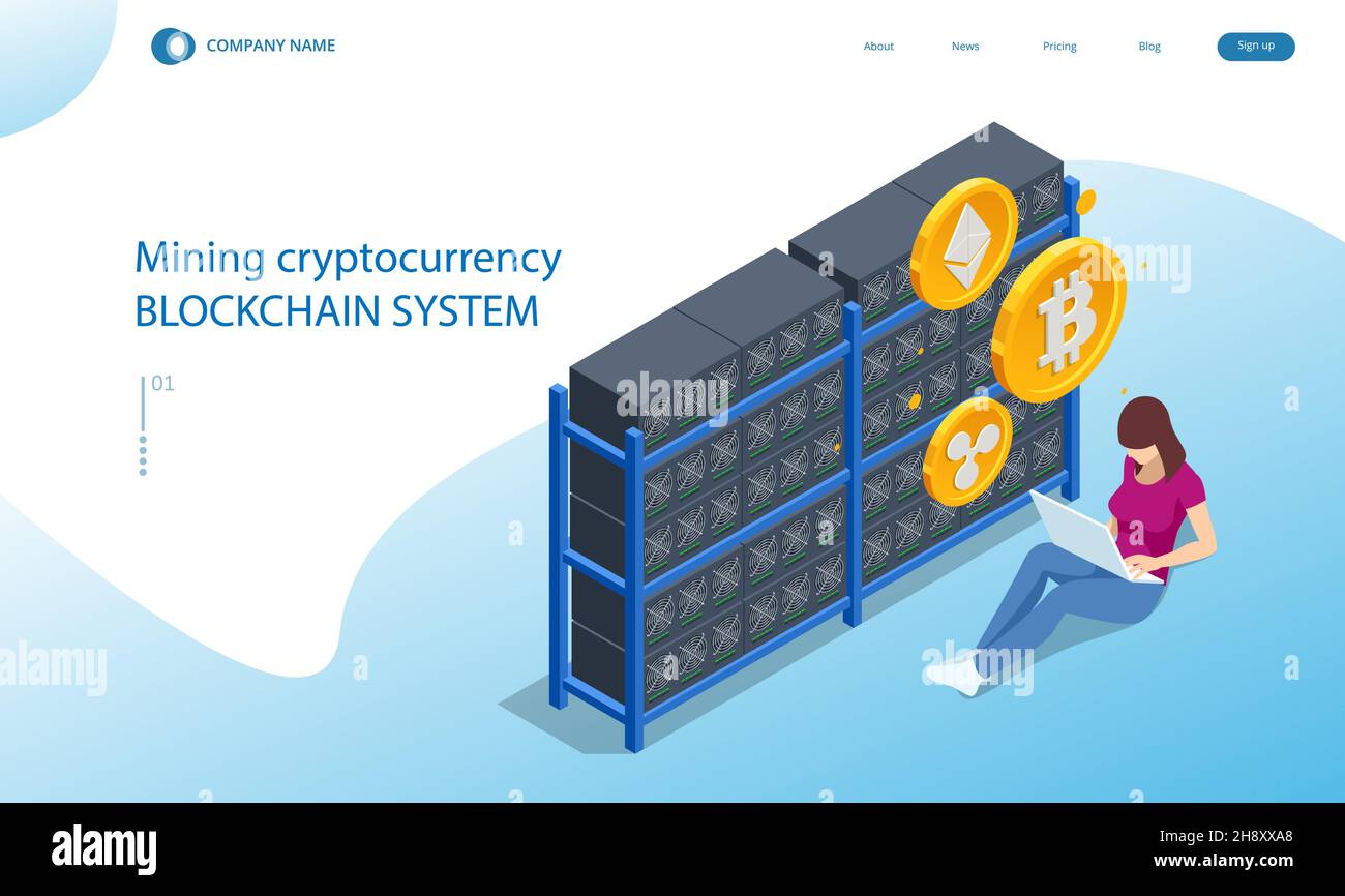Isometric Cryptomining farm concept. Cryptocurrency Mining Equipment. Mining cryptocurrency Coin Using GPU Card Stock Vector