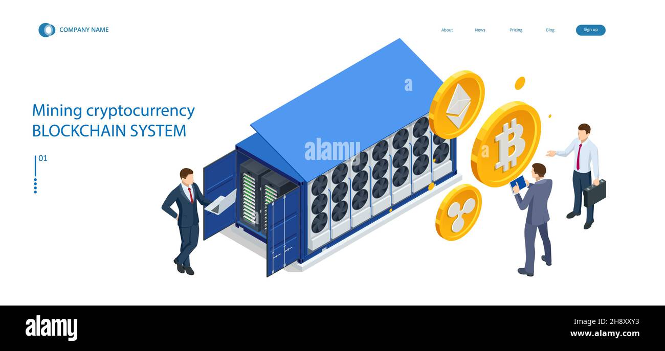 Isometric Cryptomining farm concept. Cryptocurrency Mining Equipment. Mining cryptocurrency Coin Using GPU Card Stock Vector