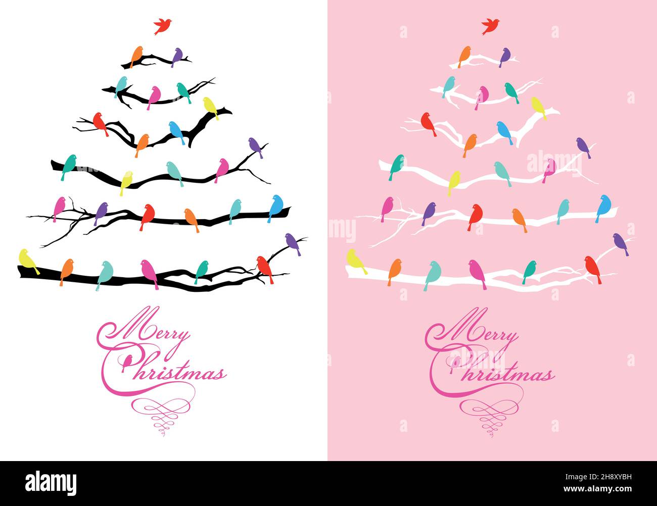 Christmas card with tree and colorful birds, vector illustration Stock Vector