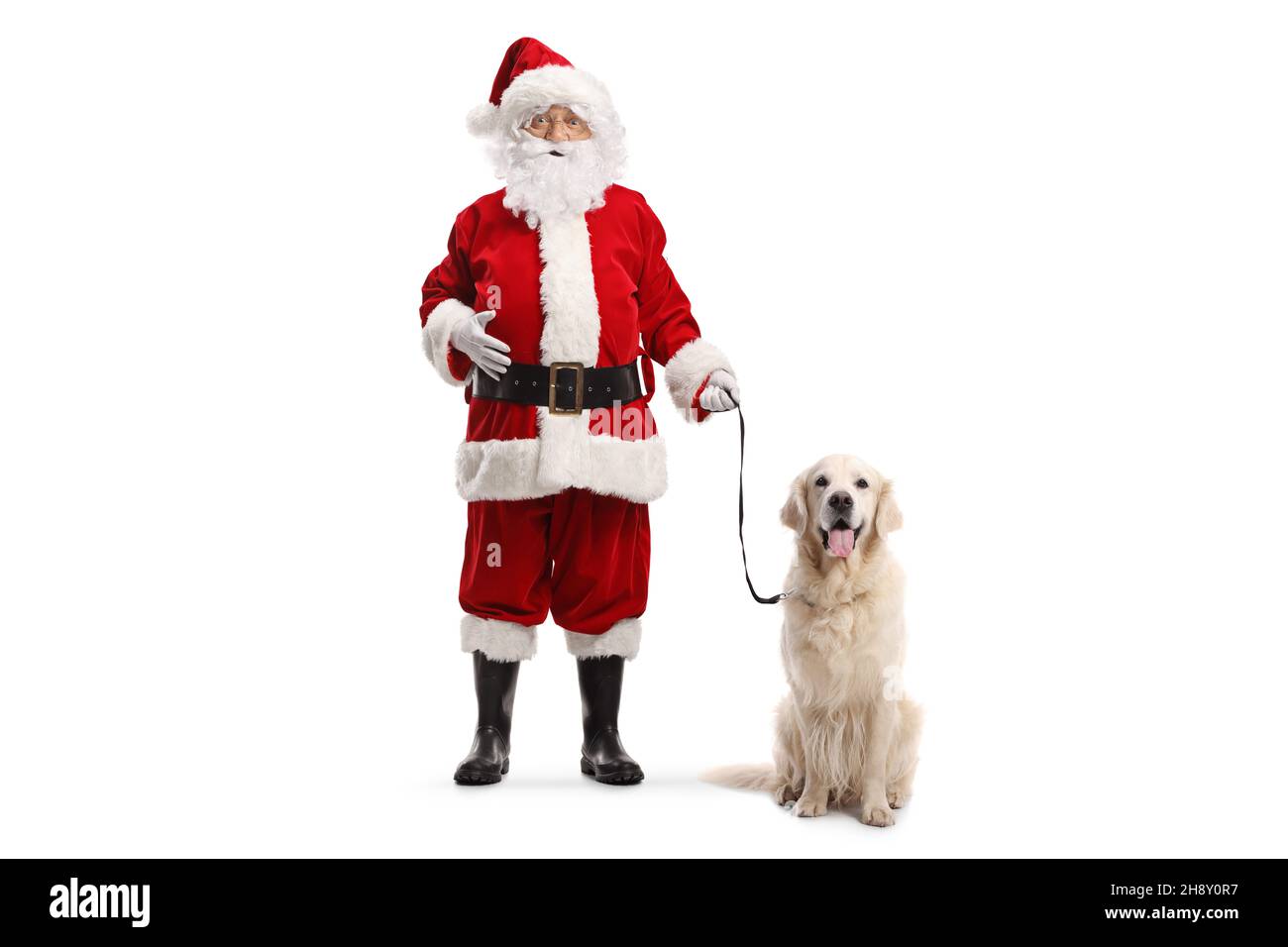 Full length portrait of santa claus standing with a retriever dog ...