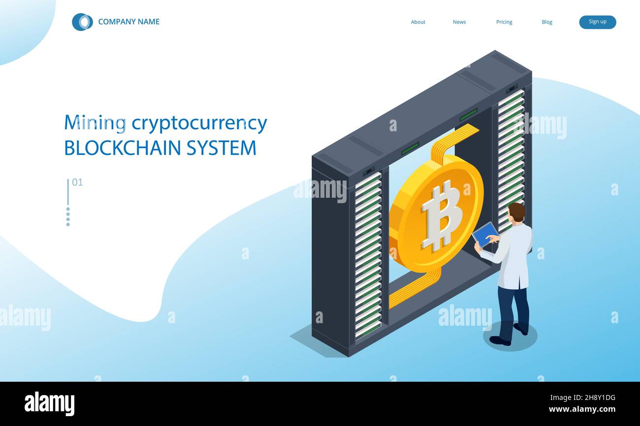 Isometric Cryptomining farm concept. Cryptocurrency Mining Equipment. Mining cryptocurrency Coin Using GPU Card Stock Vector