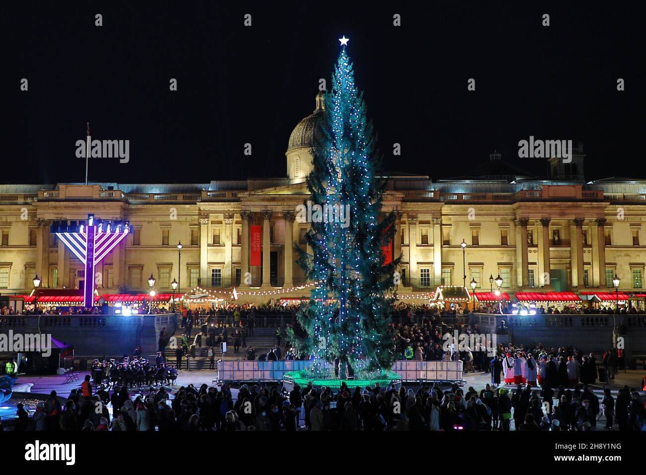 London, UK. 2nd Dec, 2021. Lighting of the Trafalgar Square Christmas