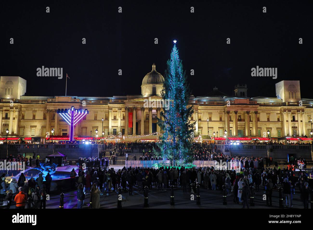 London, UK. 2nd Dec, 2021. Lighting of the Trafalgar Square Christmas Tree in Trafalgar Square, London. The lights on the annual gift from Norway, now in it's 74th year, were switched on in a ceremony with the Mayor of Westminster and the Mayor of Oslo. Credit: Paul Brown/Alamy Live News Stock Photo