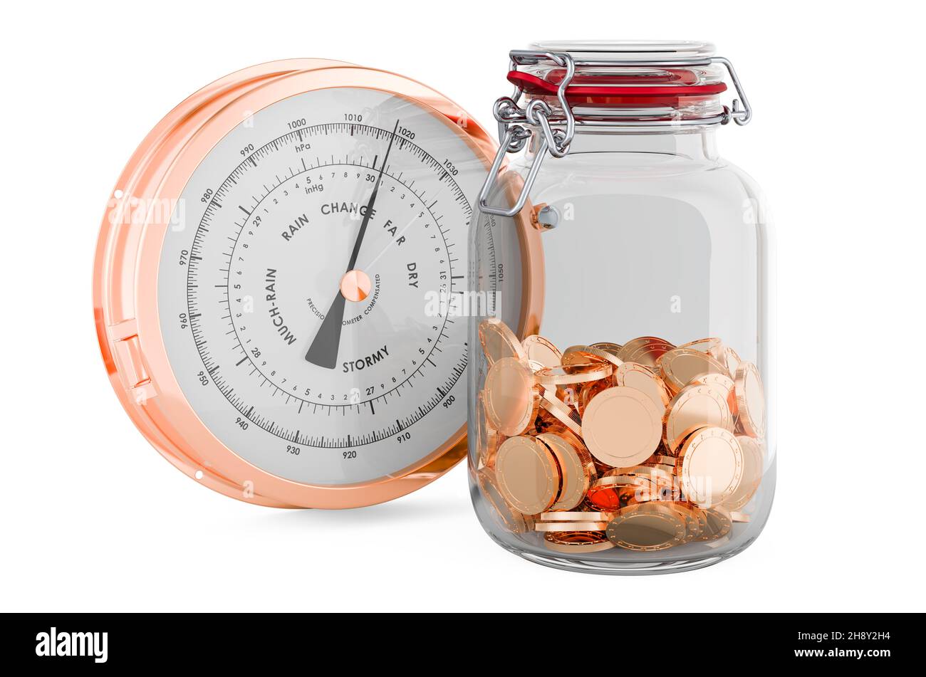 Barometer with glass jar full of golden coins, 3D rendering isolated on