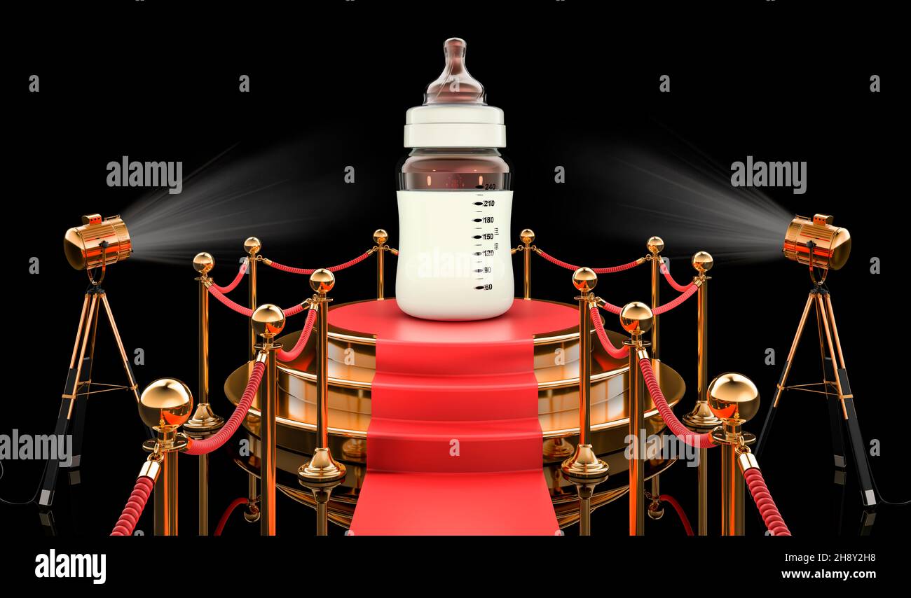 Baby bottle infant formula on the podium, 3D rendering isolated on ...