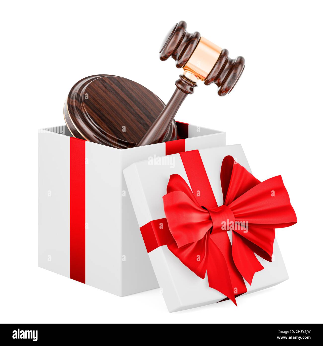 Wooden gavel inside gift box, present concept. 3D rendering isolated on