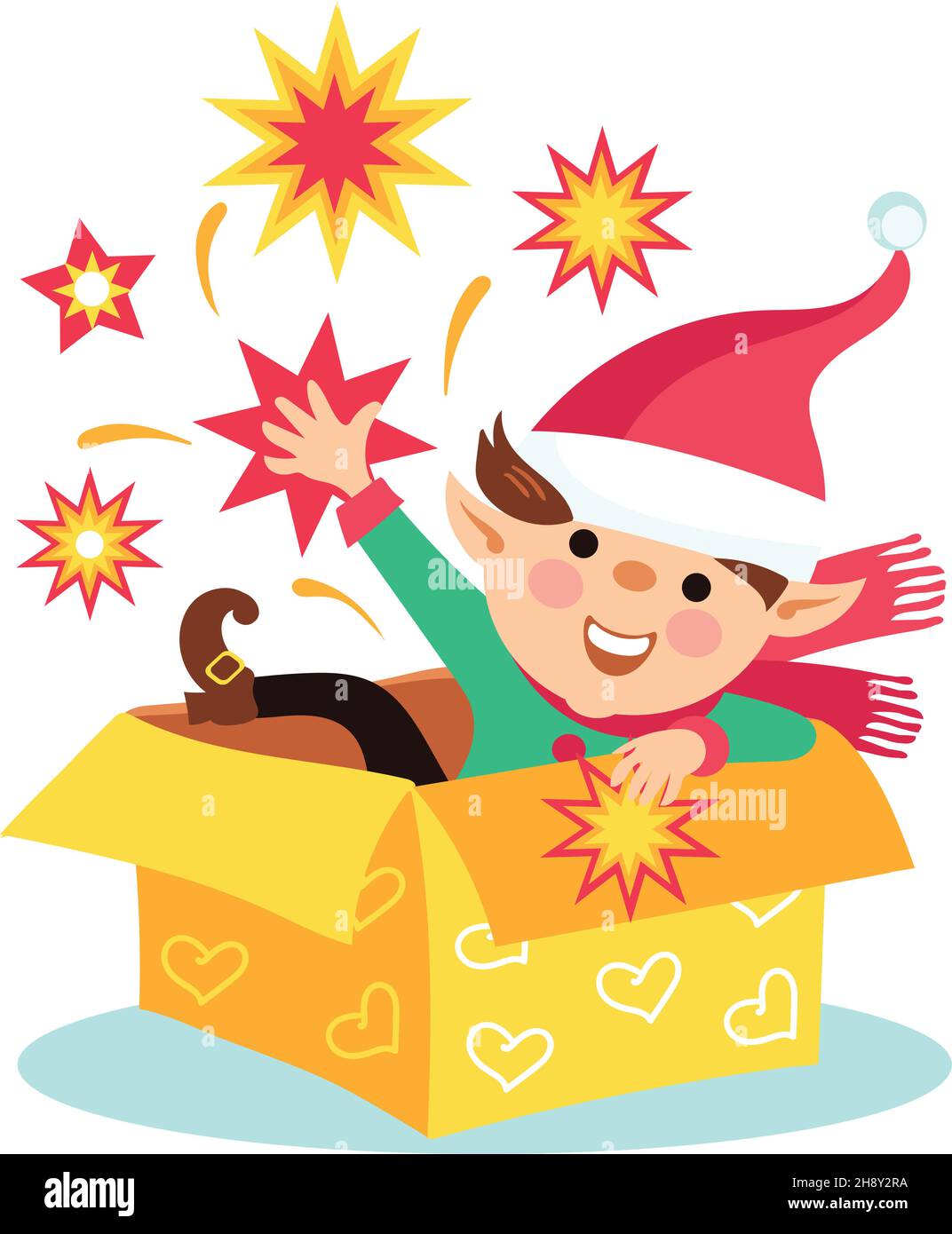 Christmas elf sitting in opened present box. Surprise holiday gift Stock Vector