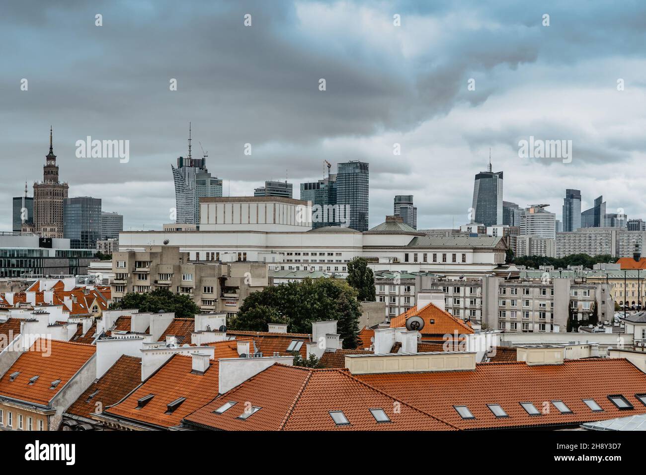 Panoramic view of Warsaw downtown with old houses and modern skyscrapers.Warsaw skyline,tourist place in Poland.Roofs of town.Urban city scene Stock Photo