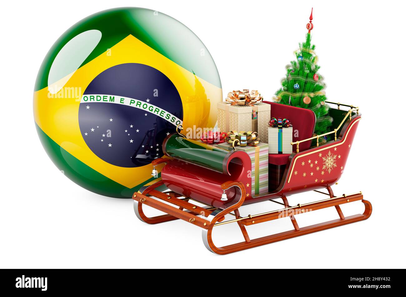 Christmas in Brazil, concept. Christmas Santa sleigh full of gifts with