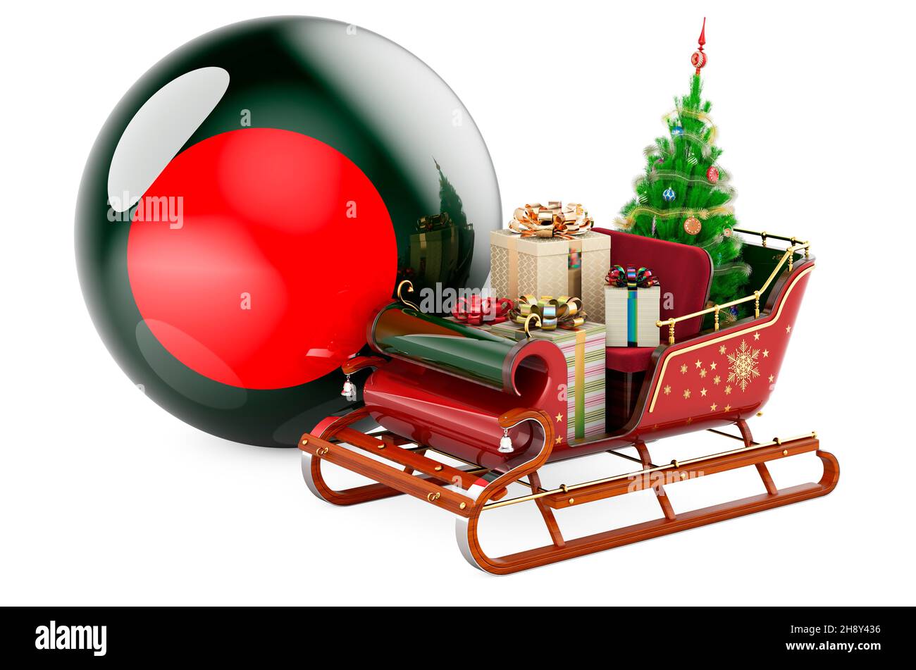 Christmas in Bangladesh, concept. Christmas Santa sleigh full of gifts with Bangladeshi flag. 3D rendering isolated on white background Stock Photo