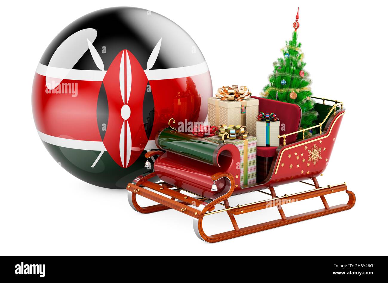 Christmas in Kenya, concept. Christmas Santa sleigh full of gifts with Kenyan flag. 3D rendering