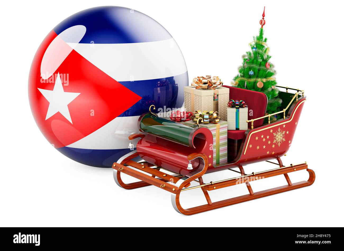 Christmas in Cuba, concept. Christmas Santa sleigh full of gifts with Cuban flag. 3D rendering