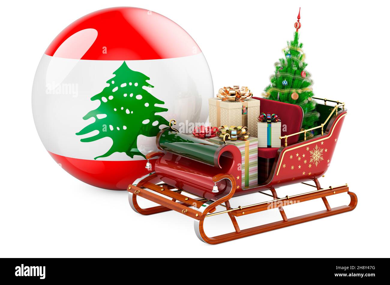 Christmas in Lebanon, concept. Christmas Santa sleigh full of gifts