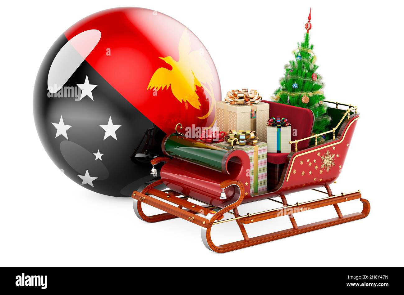 Christmas in Papua New Guinea, concept. Christmas Santa sleigh full of