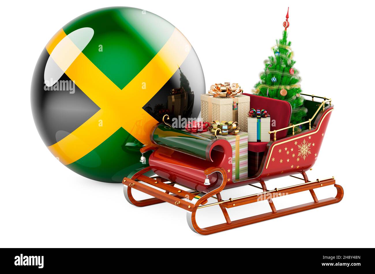 Christmas in Jamaica, concept. Christmas Santa sleigh full of gifts