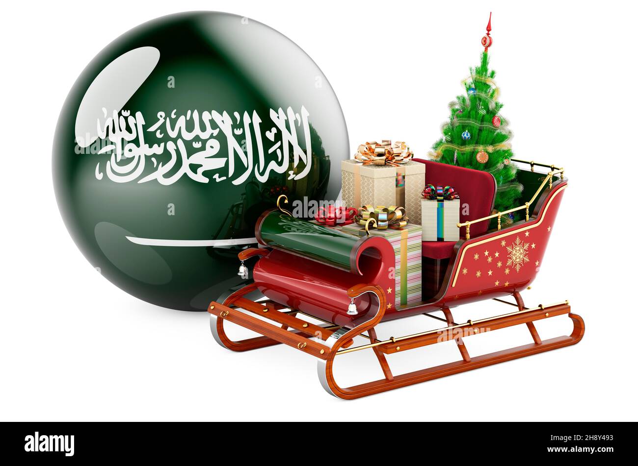 Christmas in Saudi Arabia, concept. Christmas Santa sleigh full of